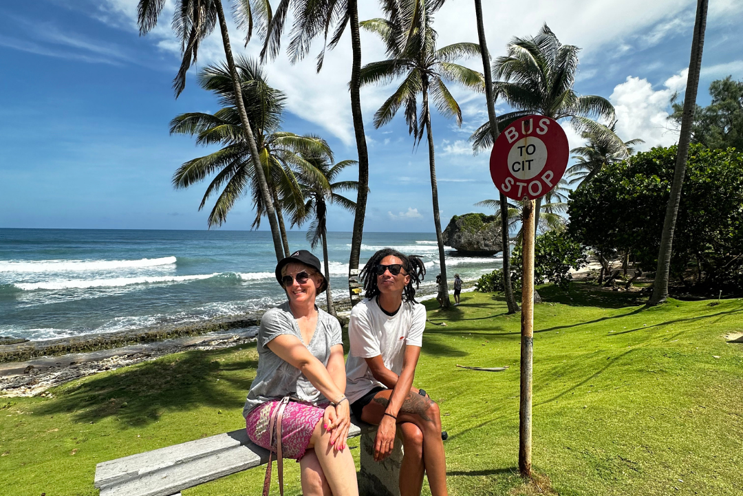 Two guests getting the classic bus stop shot Barbados
