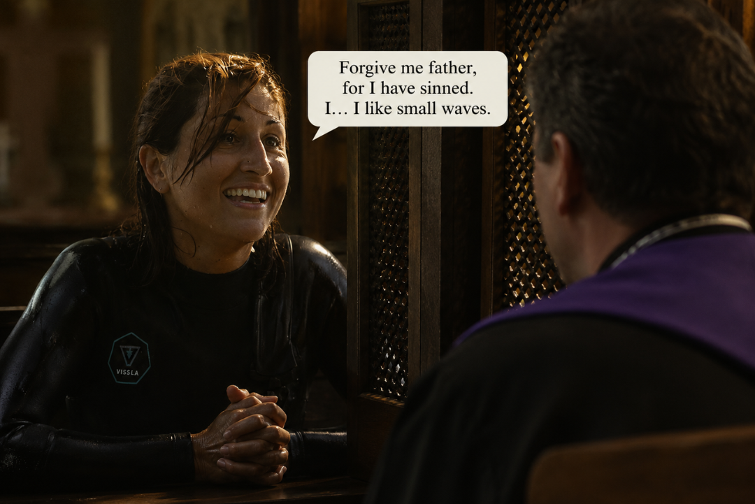 Woman confessing to preist about liking surfing smaller waves